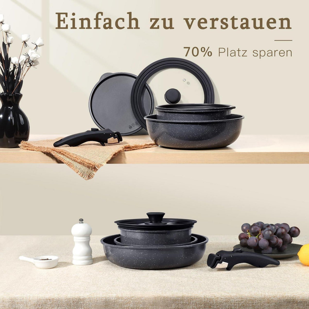 15-teiliges Granit-Kochgeschirr Set mit abnehmbaren Griffen