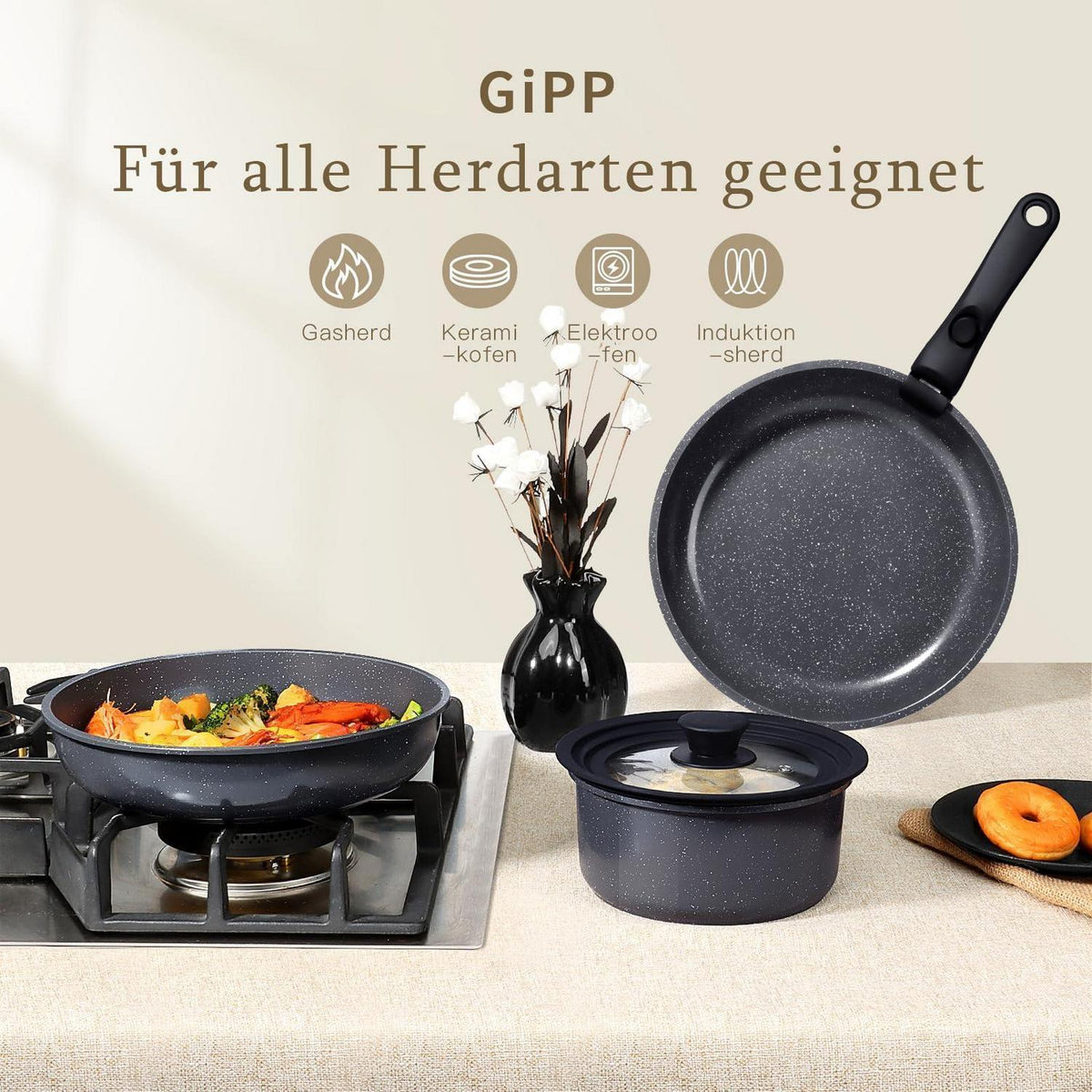 15-teiliges Granit-Kochgeschirr Set mit abnehmbaren Griffen