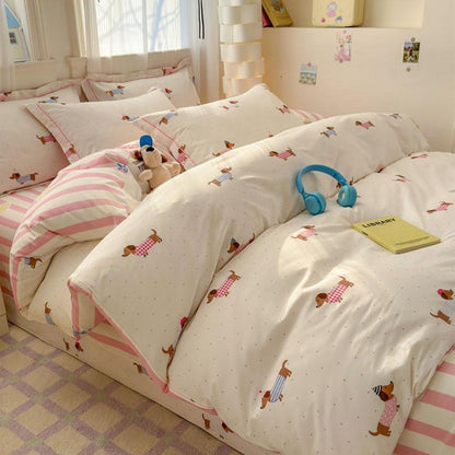 Dackel Bettwäsche 135x200 Rosa Gestreift 4teilig