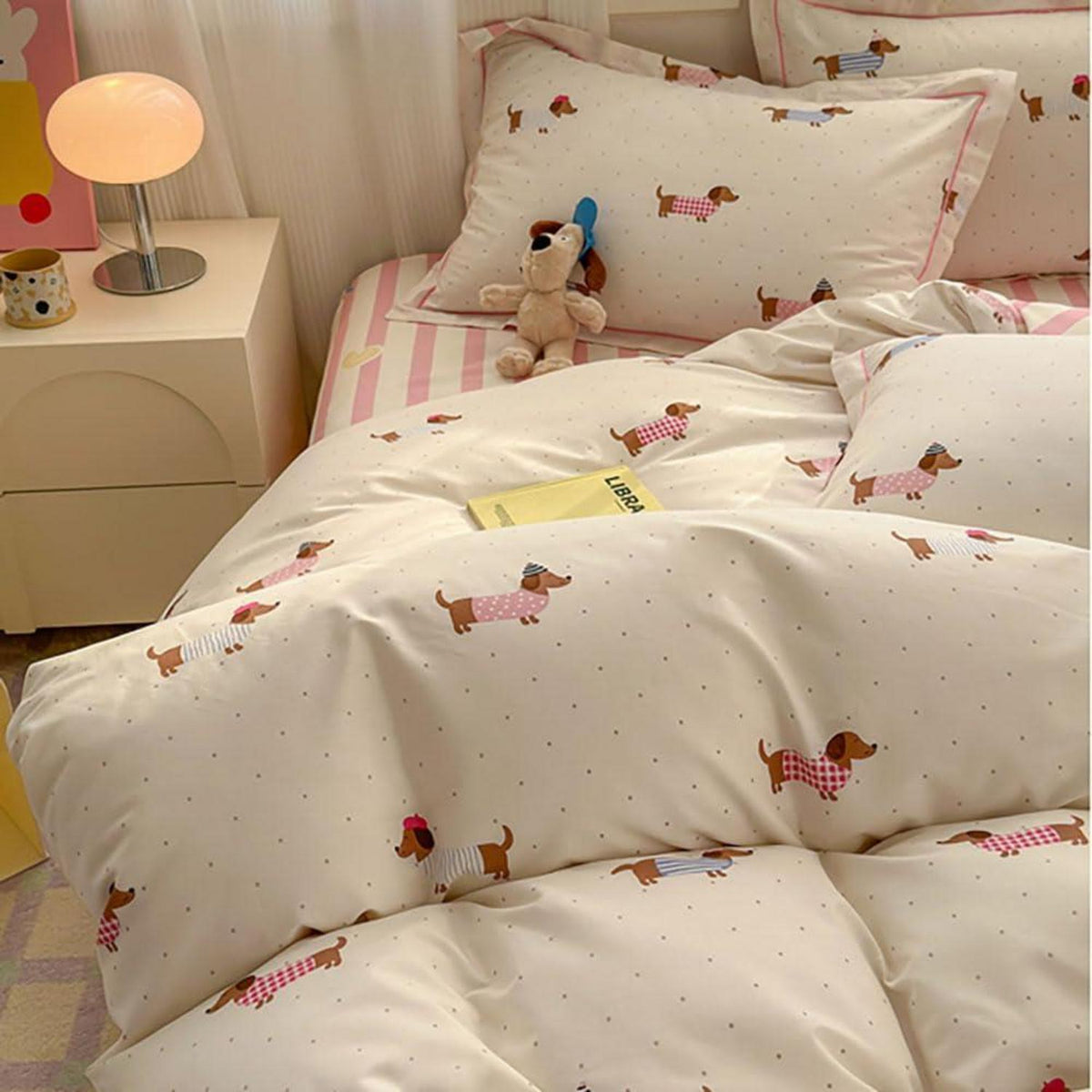 Dackel Bettwäsche 135x200 Rosa Gestreift 4teilig