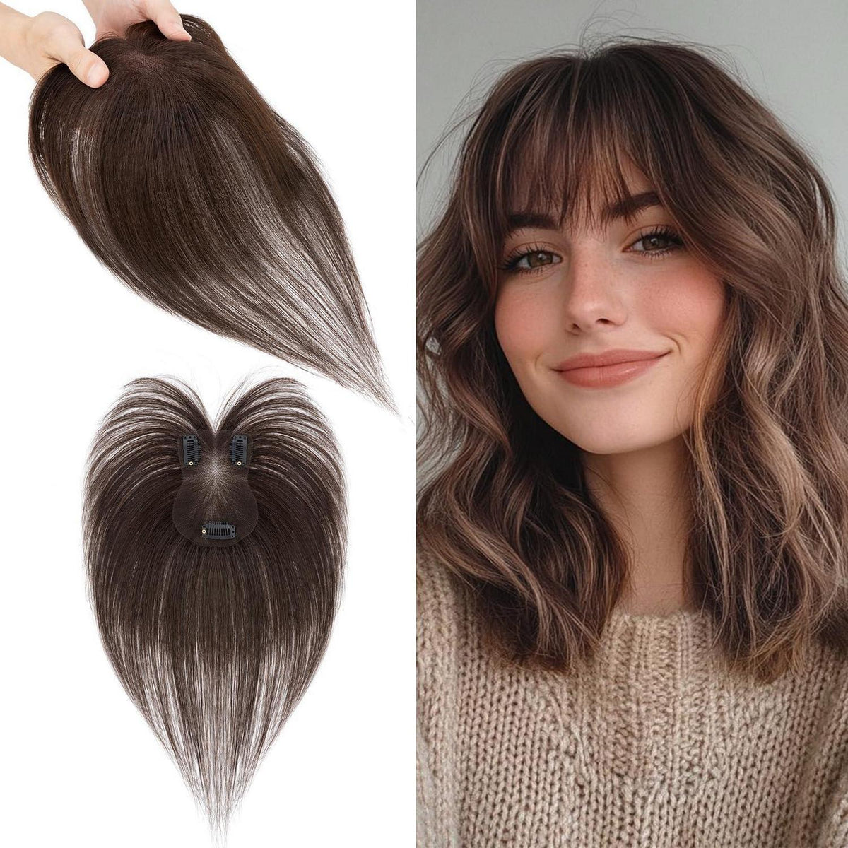 Dunkelbrauner Haar Topper mit Wispy Pony – Echthaar Haarteil
