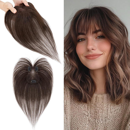 Dunkelbrauner Haar Topper mit Wispy Pony – Echthaar Haarteil