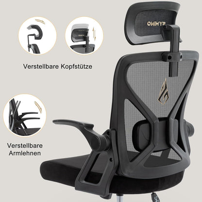 Ergonomischer Bürostuhl mit Kopfstütze und Lordosenstütze, Schwarz