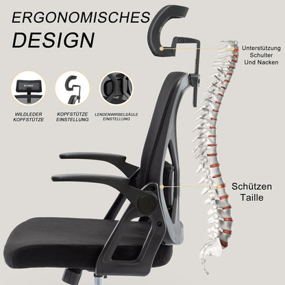 Ergonomischer Bürostuhl mit Kopfstütze und Lordosenstütze, Schwarz