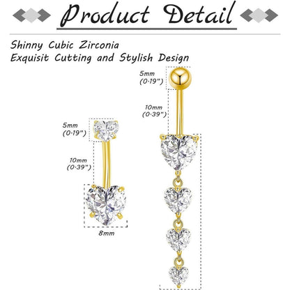 Bauchnabelpiercing 2er Set Herz Anhänger 10mm 14G Edelstahl Silber Gold