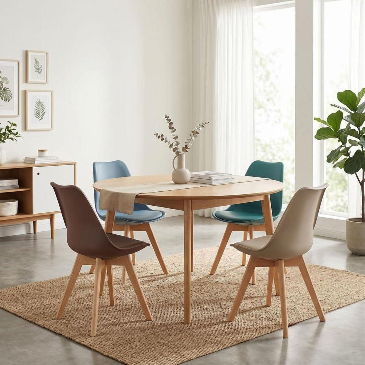 Skandinavische Esszimmerstühle 4er Set mit Sitzkissen & Holzbeinen