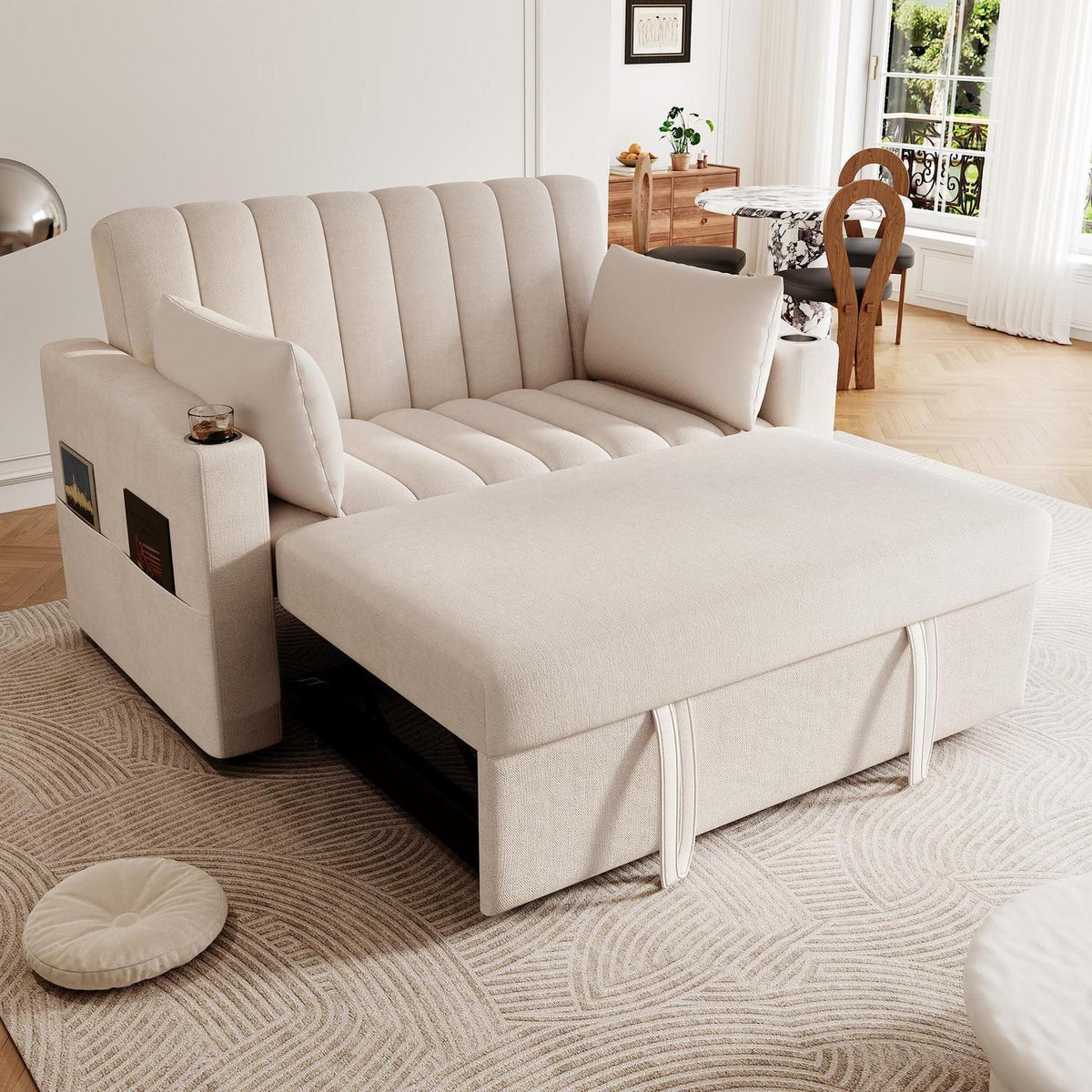 Modernes Schlafsofa mit Getränkehaltern & Kissen – Beige
