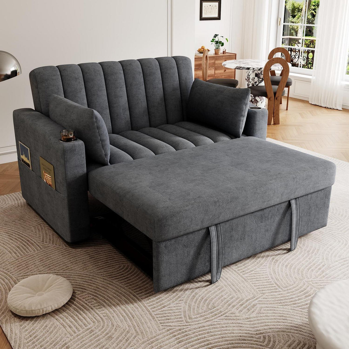 Modernes Schlafsofa mit Getränkehaltern & Kissen – Grau