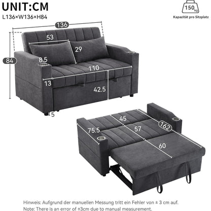 Modernes Schlafsofa mit Getränkehaltern & Kissen – Grau