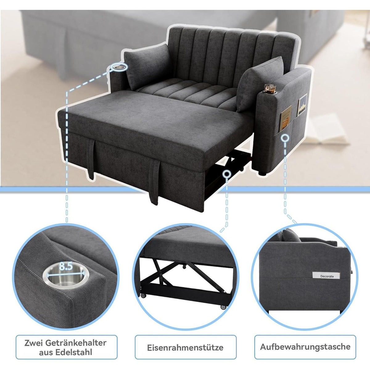 Modernes Schlafsofa mit Getränkehaltern & Kissen – Grau