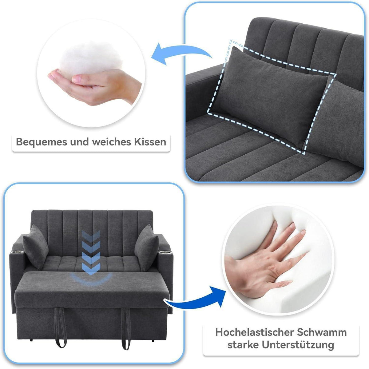 Modernes Schlafsofa mit Getränkehaltern & Kissen – Grau