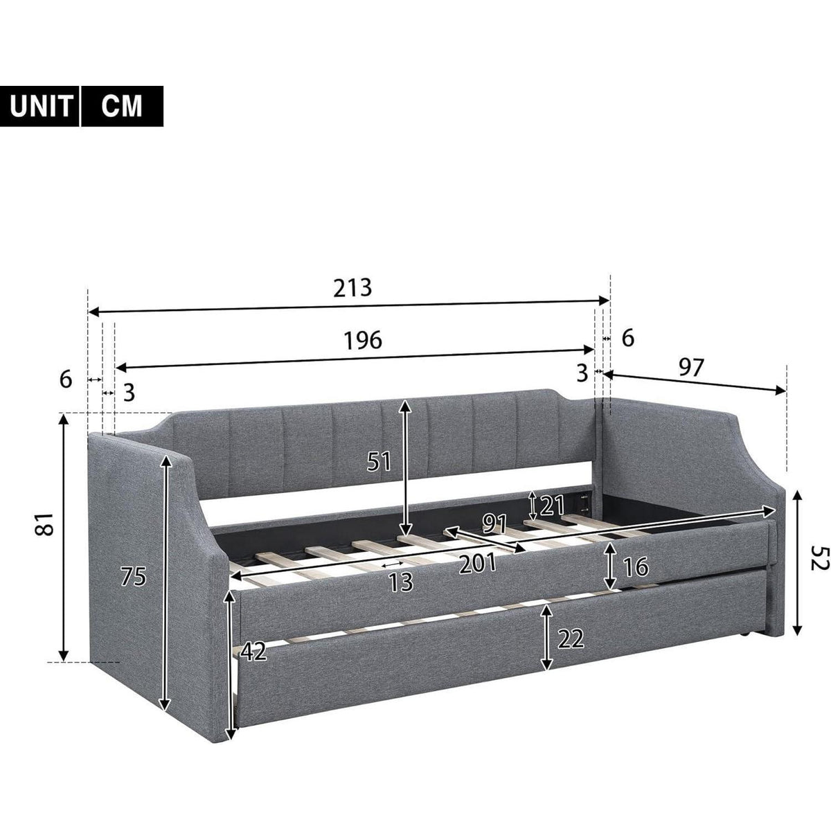 Graues Tagesbett 90x200 mit Rollbett