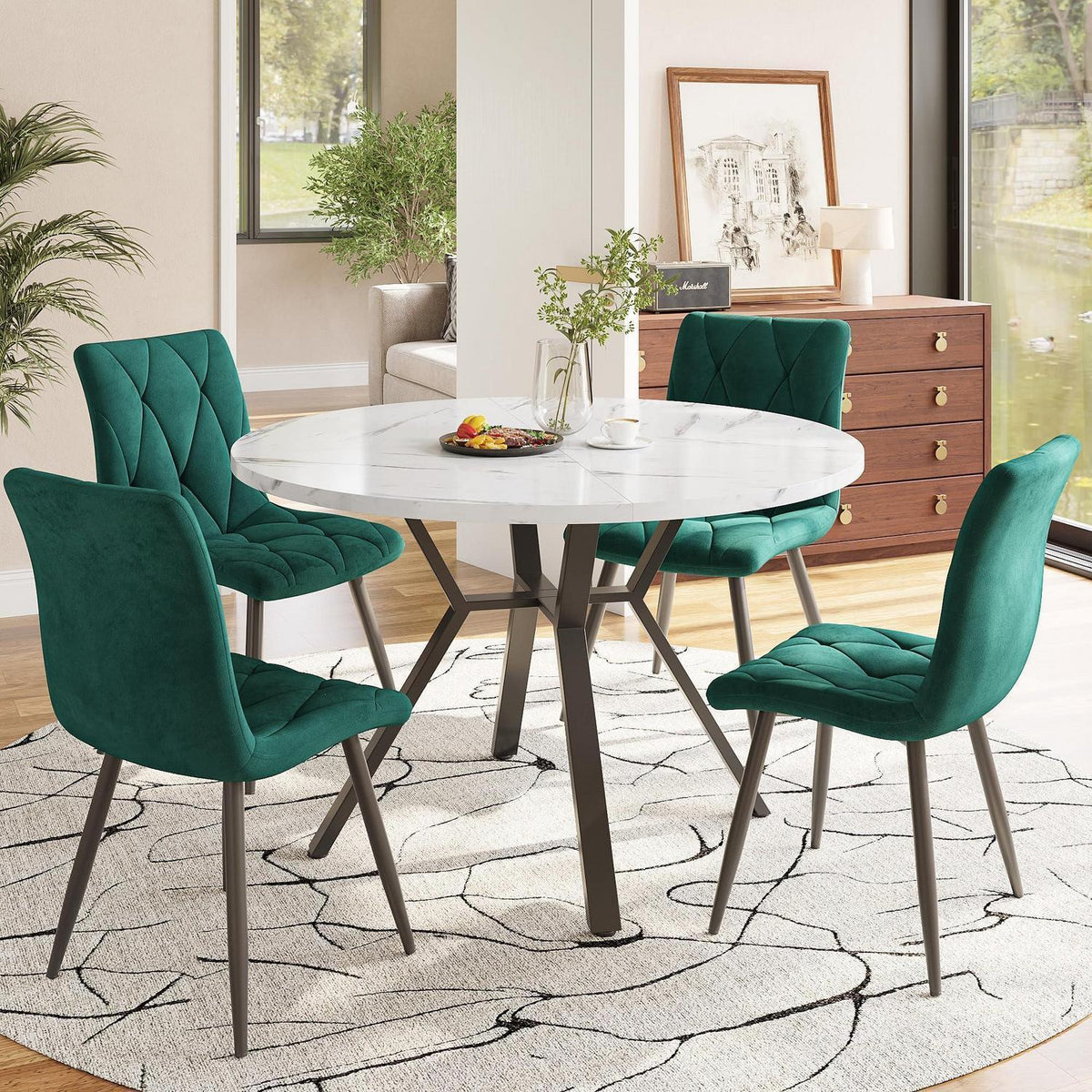 Runder Esstisch Set 4 Personen | Modern & Elegant mit Samtstühlen