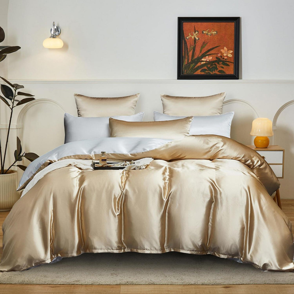 Satin Bettwäsche Set 200x220 Beige/Weiß – Deluxe Wendebettwäsche