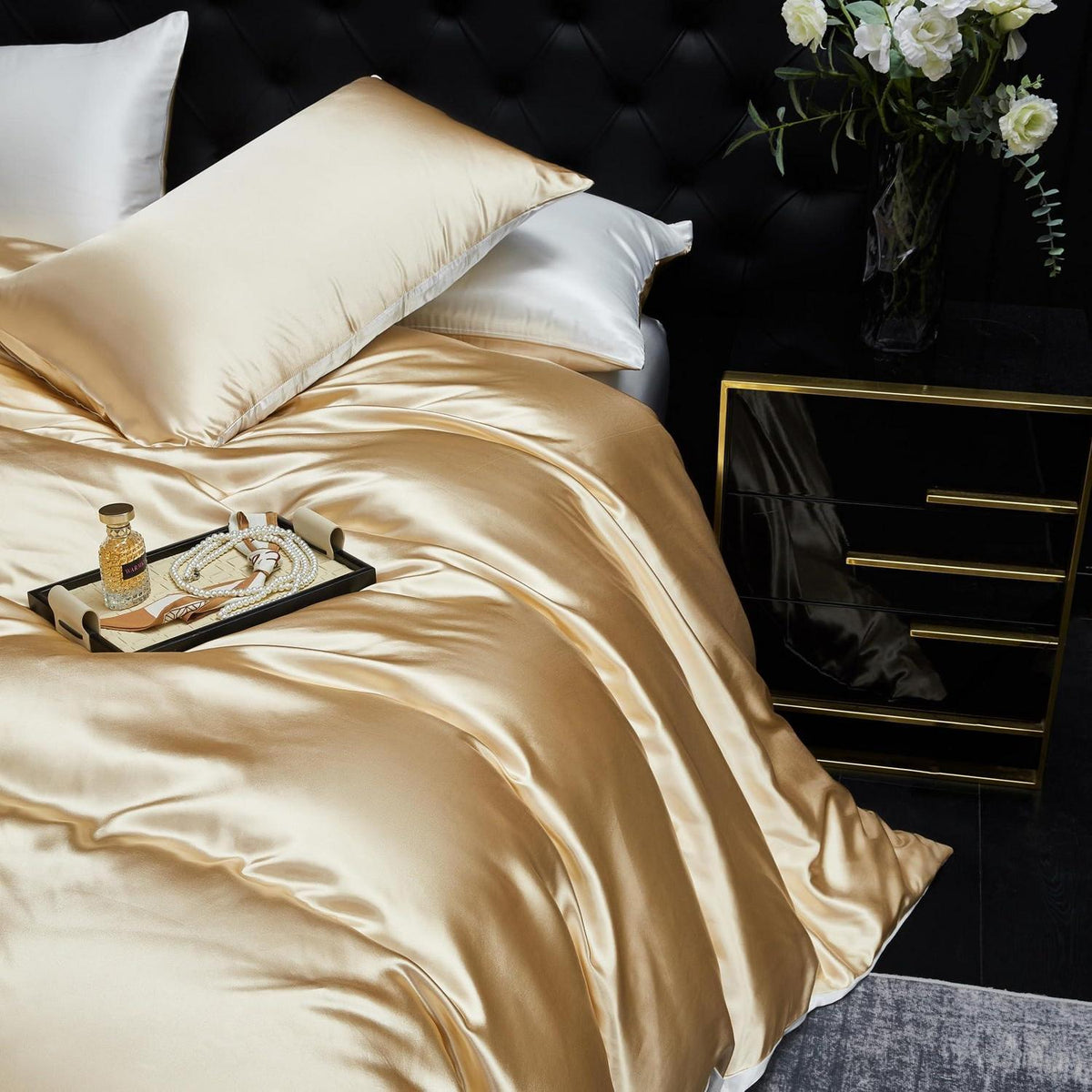 Satin Bettwäsche Set 200x220 Beige/Weiß – Deluxe Wendebettwäsche