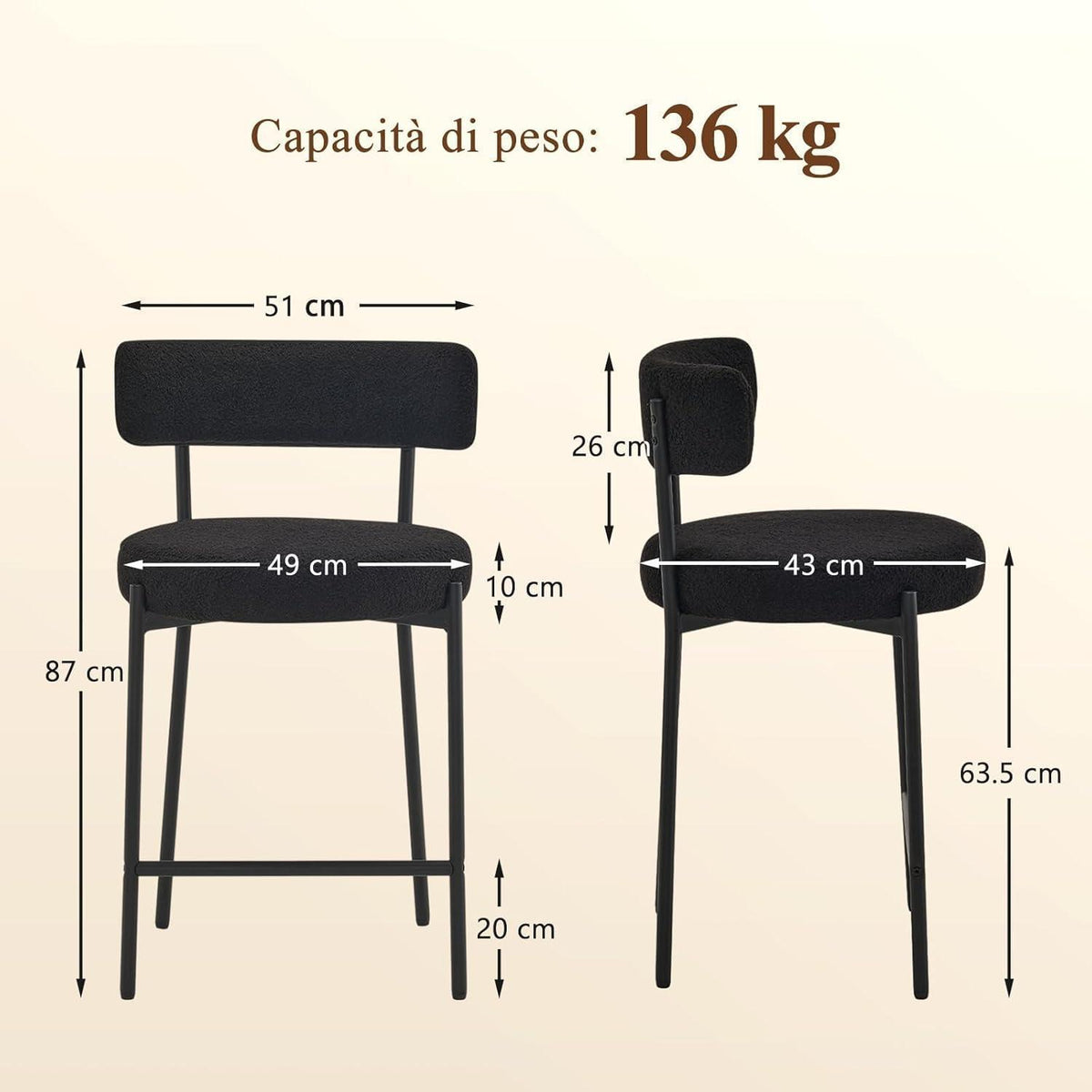 Barhocker 2er Set mit Fußstütze – Schwarz, 63,5 cm Sitzhöhe