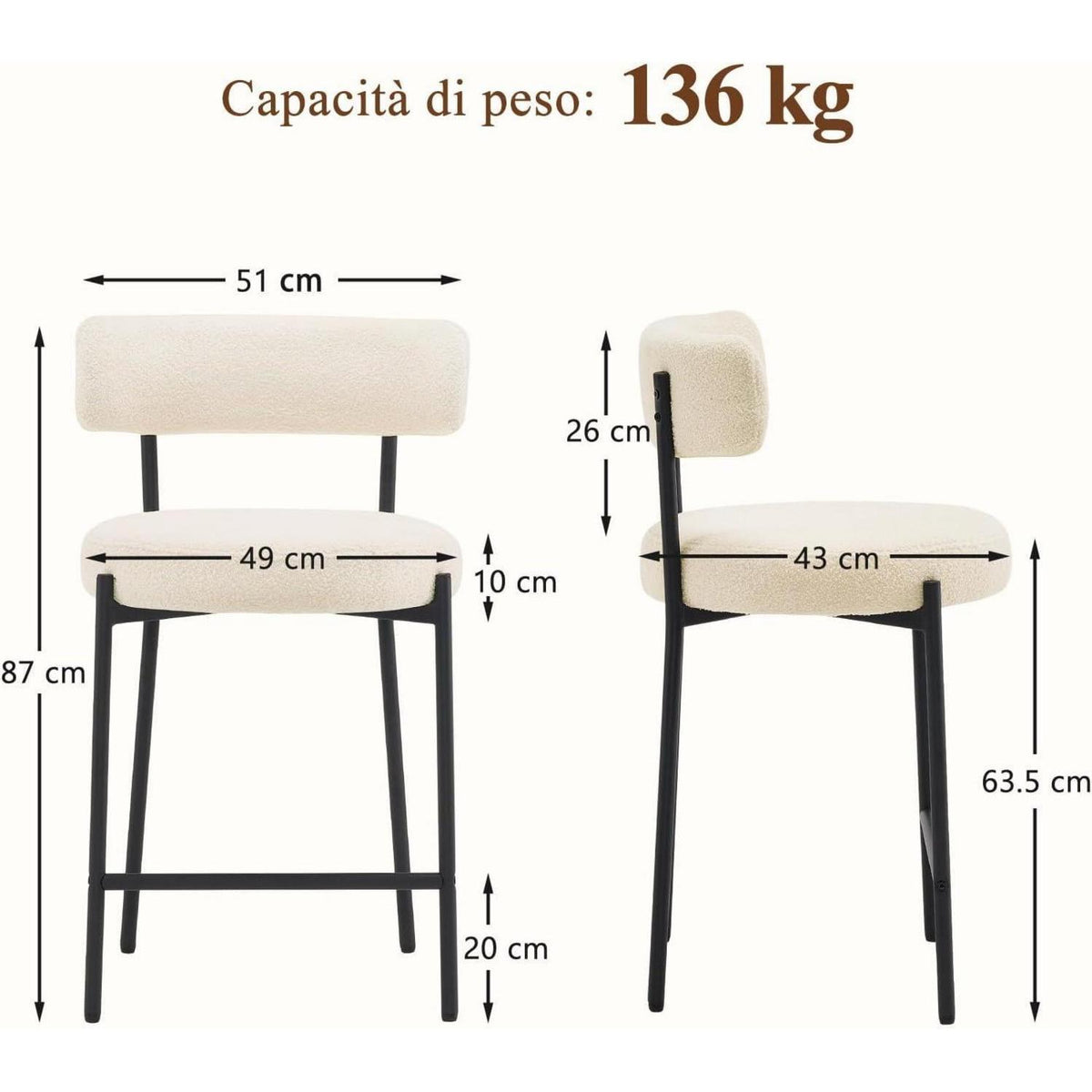 Barhocker Set 2er – Gepolstert, Weiß – 63,5cm Sitzhöhe