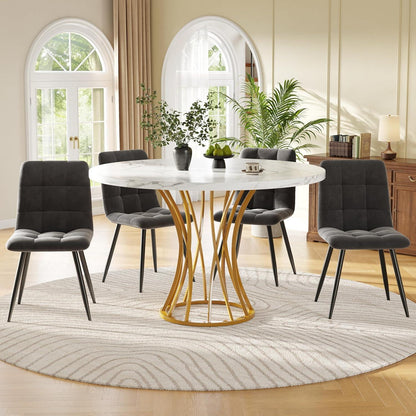 Runder Esstisch Set für 4 Personen | Goldene Metallbeine & Samtstühle