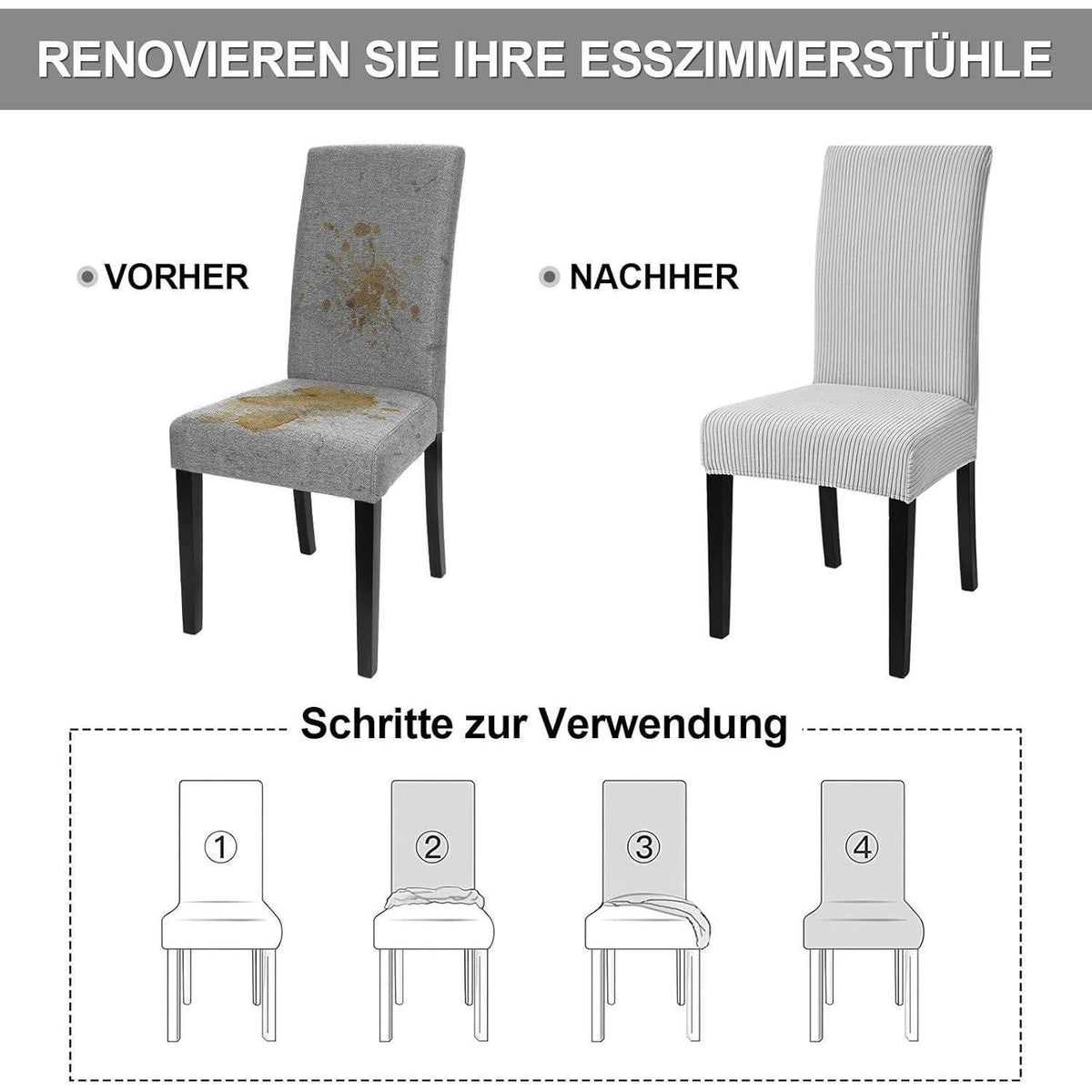 Stuhlhussen 6er Set Stretch Kurzflor Hellgrau