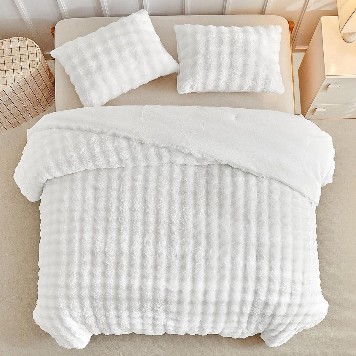 Flauschiges Bettwäsche-Set King Size – Weißes Kunstfell