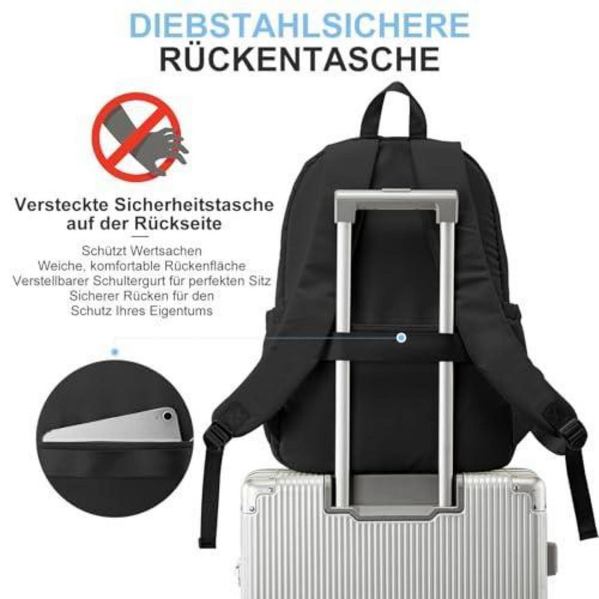 Schwarzer Rucksack Damen Herren – Leichter Reise-Schulrucksack mit Laptopfach
