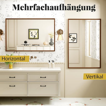 Badezimmerspiegel 70x90cm Braun Holzoptik | Sicherheitsglas & Montagezubehör