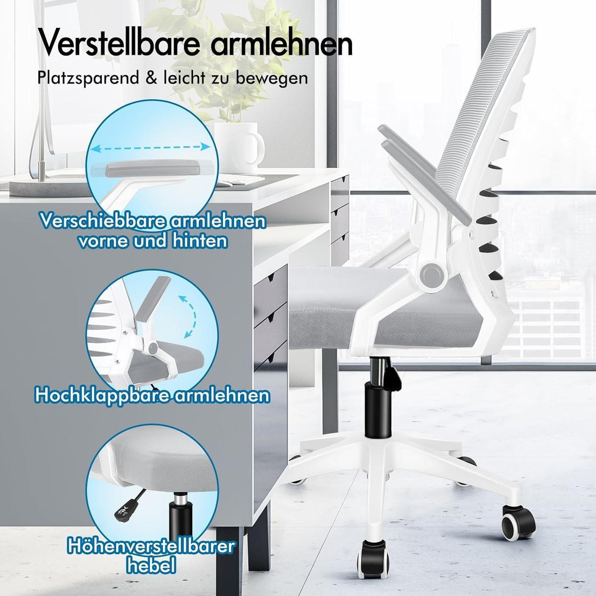 Ergonomischer Bürostuhl mit Lendenstütze, hochklappbare Armlehnen, 180kg, Weiß & Grau