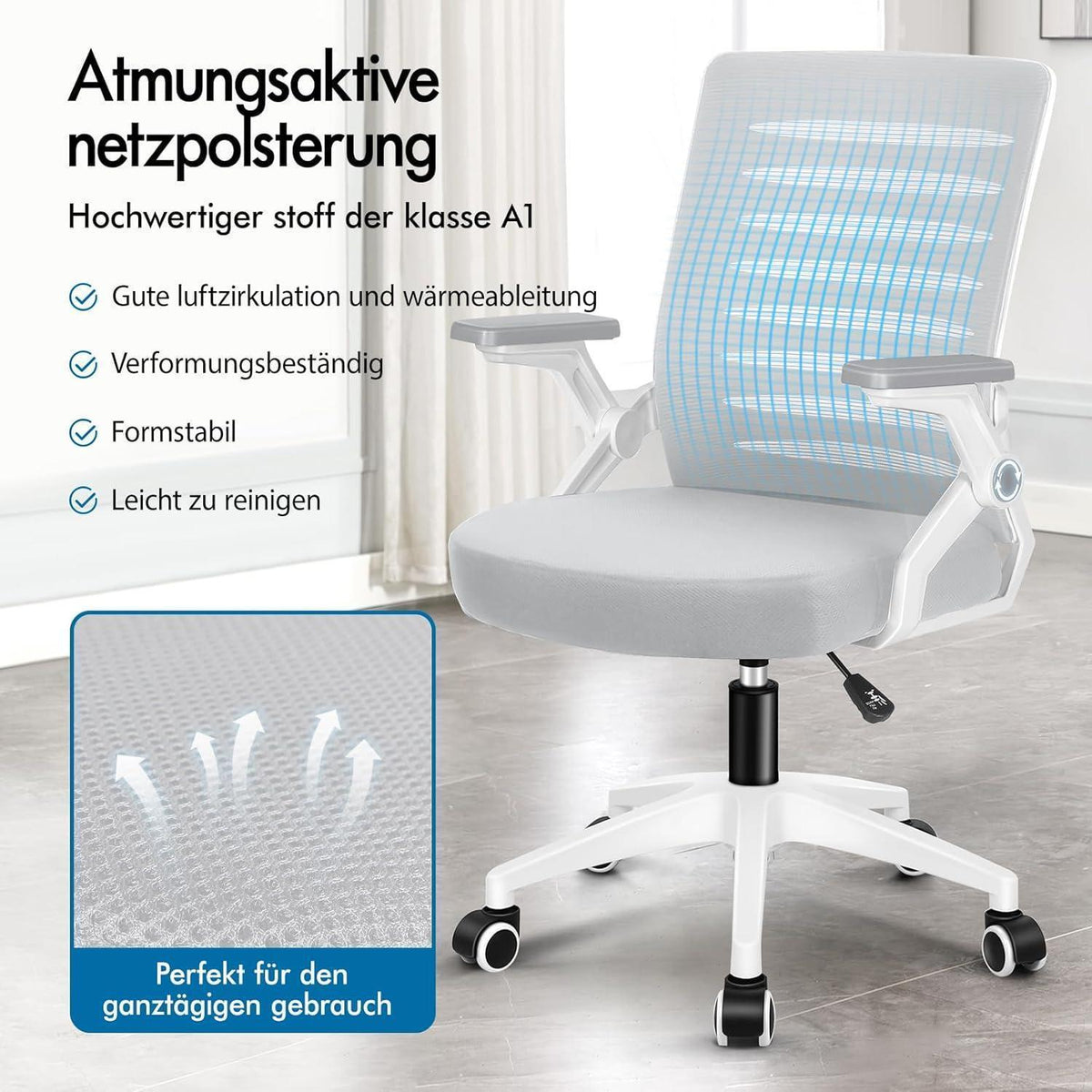Ergonomischer Bürostuhl mit Lendenstütze, hochklappbare Armlehnen, 180kg, Weiß & Grau