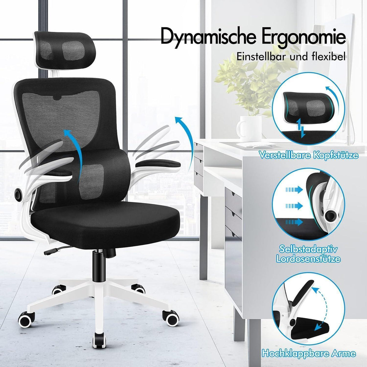 Ergonomischer Bürostuhl mit Lendenstütze, Schwarz Weiß