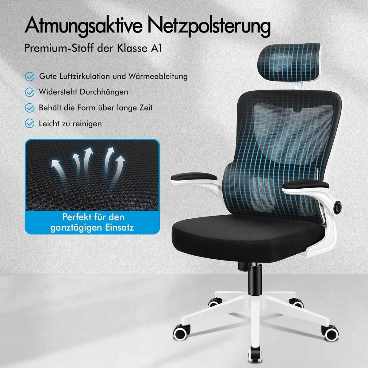 Ergonomischer Bürostuhl mit Lendenstütze, Schwarz Weiß