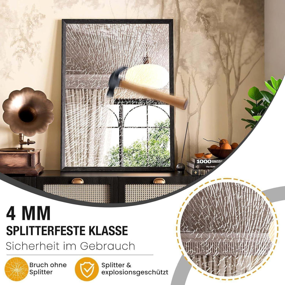 Badezimmerspiegel 50x70cm Schwarz mit Holzrahmen | Splitterfrei & Wassergeschützt