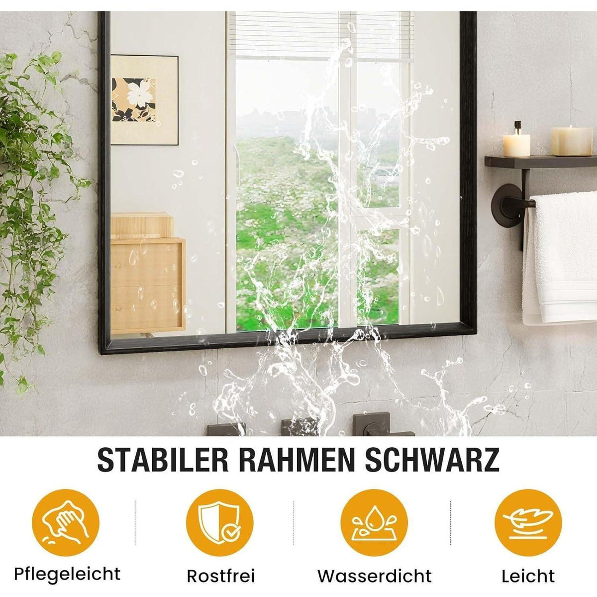 Badezimmerspiegel 50x70cm Schwarz mit Holzrahmen | Splitterfrei & Wassergeschützt
