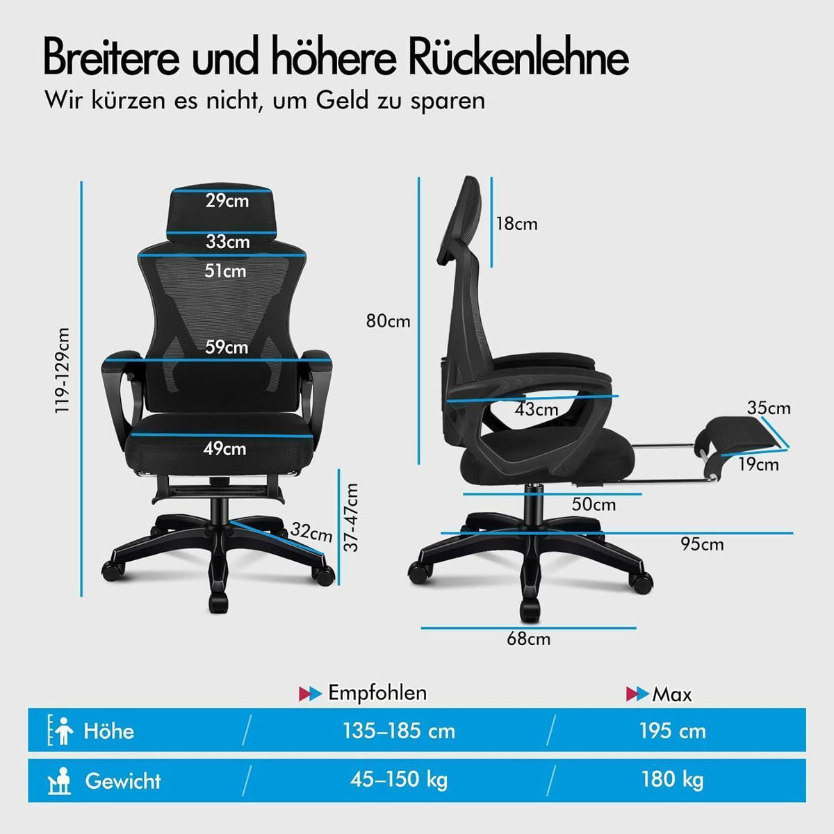 Ergonomischer Bürostuhl mit Lendenstütze, Schwarz