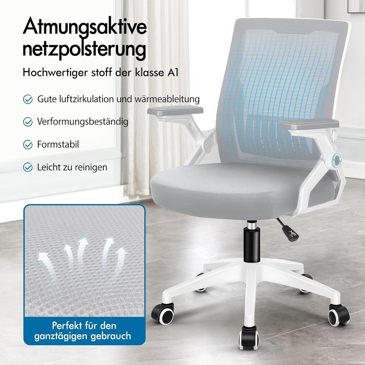 Ergonomischer Bürostuhl Netzstoff Hochlehner Weiß & Grau