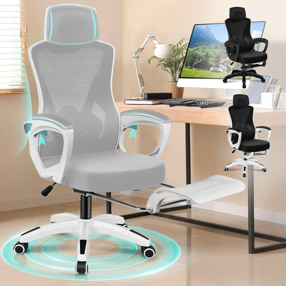 Ergonomischer Bürostuhl mit Lendenstütze, Weiß & Grau