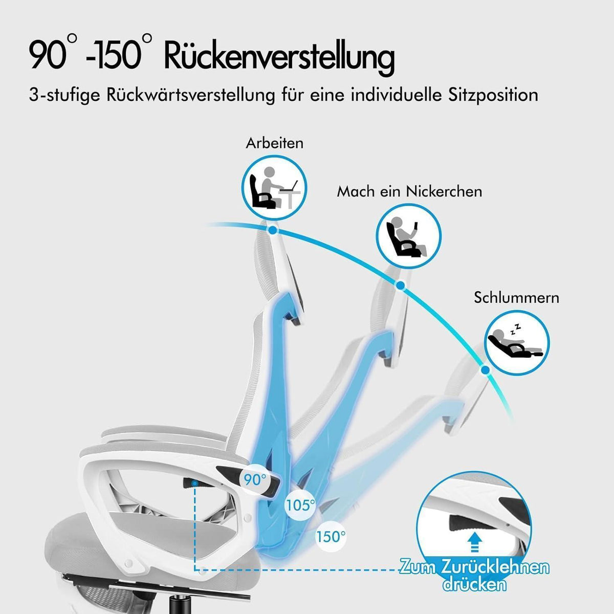Ergonomischer Bürostuhl mit Lendenstütze, Weiß & Grau