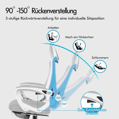 Ergonomischer Bürostuhl mit Lendenstütze, Weiß & Grau