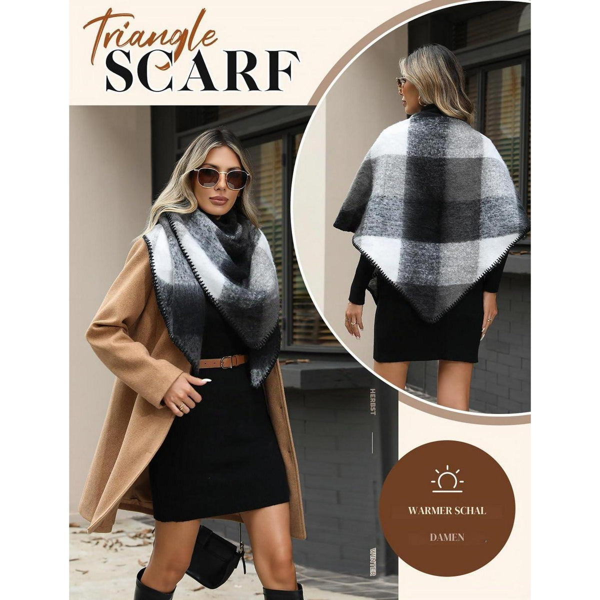 Winter Dreieckstuch Damen Tartan Schwarz-Weiß Schal Wrap
