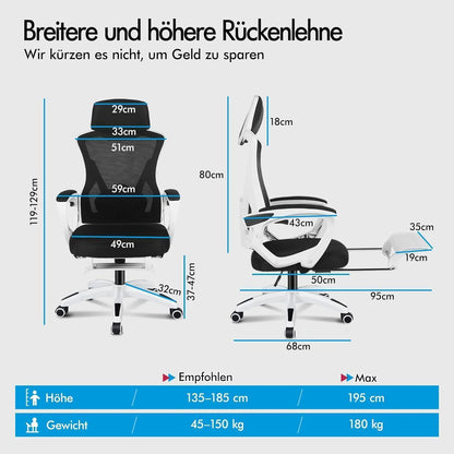 Ergonomischer Schreibtischstuhl mit Lendenstütze, Schwarz Weiß