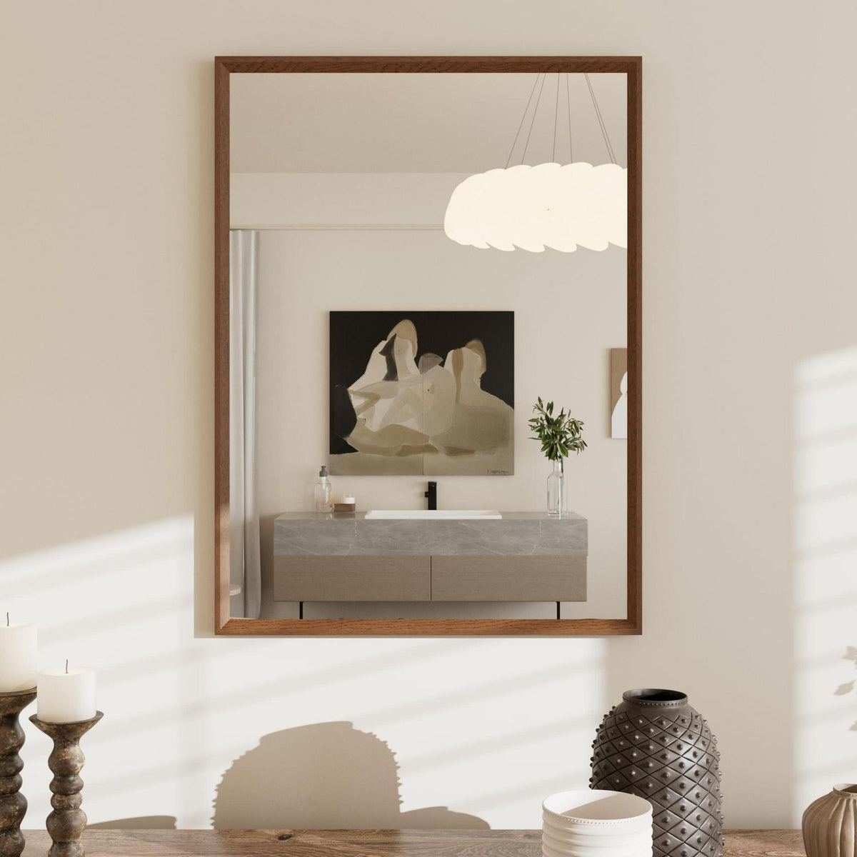 Badezimmerspiegel 50x70cm Braun Holzoptik | Sicherheitsglas & Montagezubehör