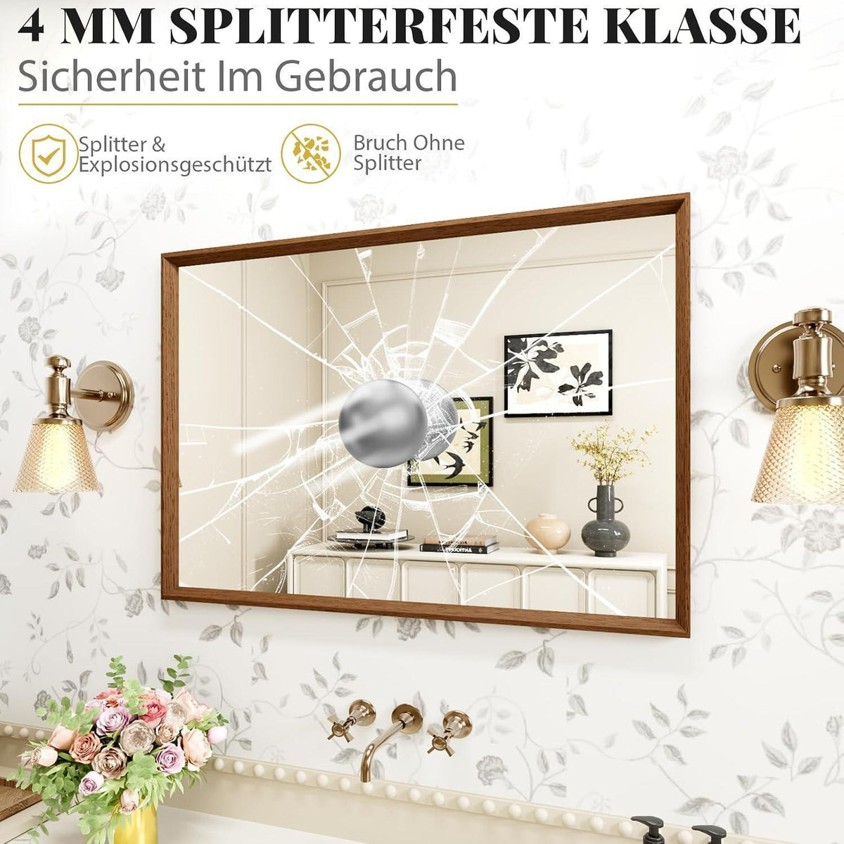 Badezimmerspiegel 50x70cm Braun Holzoptik | Sicherheitsglas & Montagezubehör