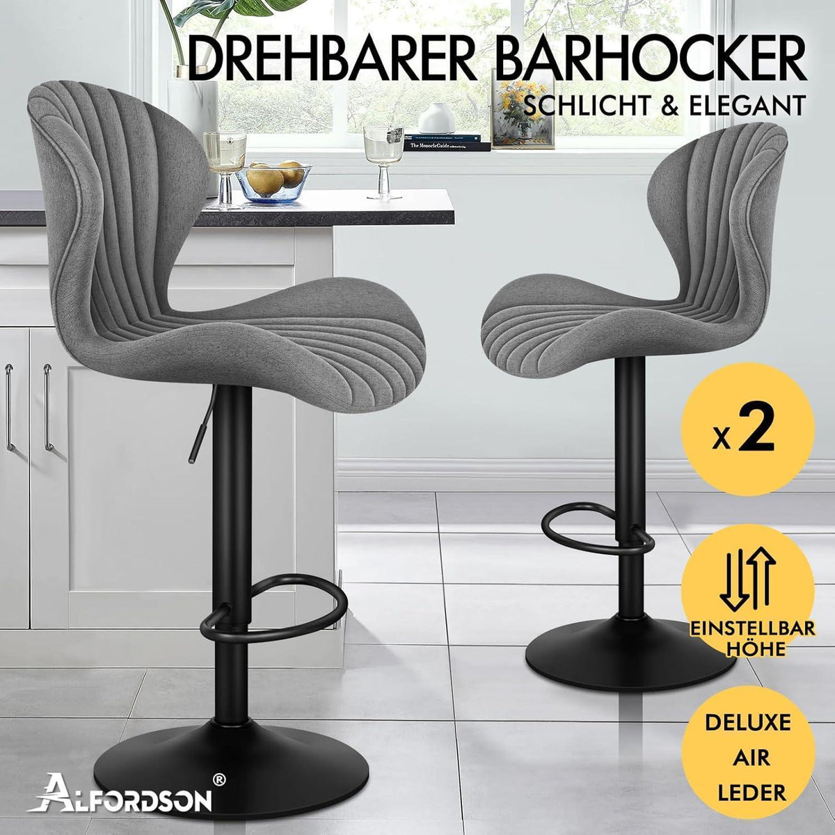 Barhocker Set 2er – Höhenverstellbar, Grau Leinen