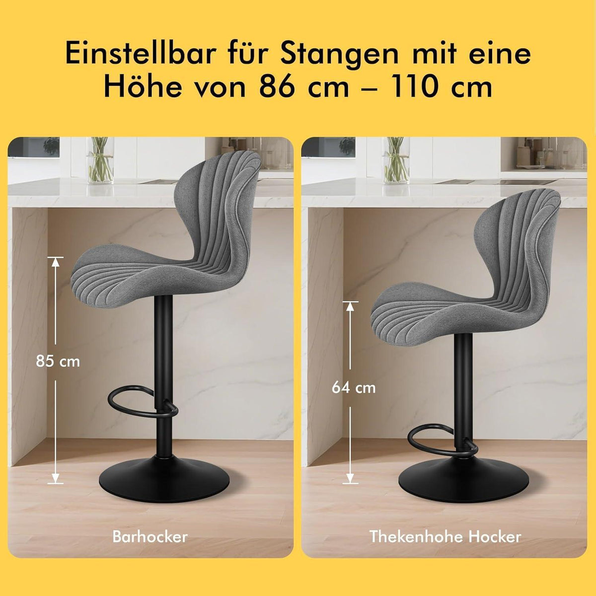 Barhocker Set 2er – Höhenverstellbar, Grau Leinen