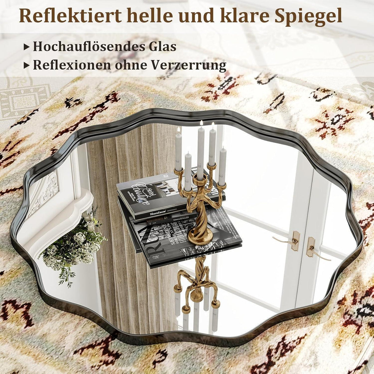 Runder Wandspiegel 106cm mit gewellter Kante & Schwarzrahmen
