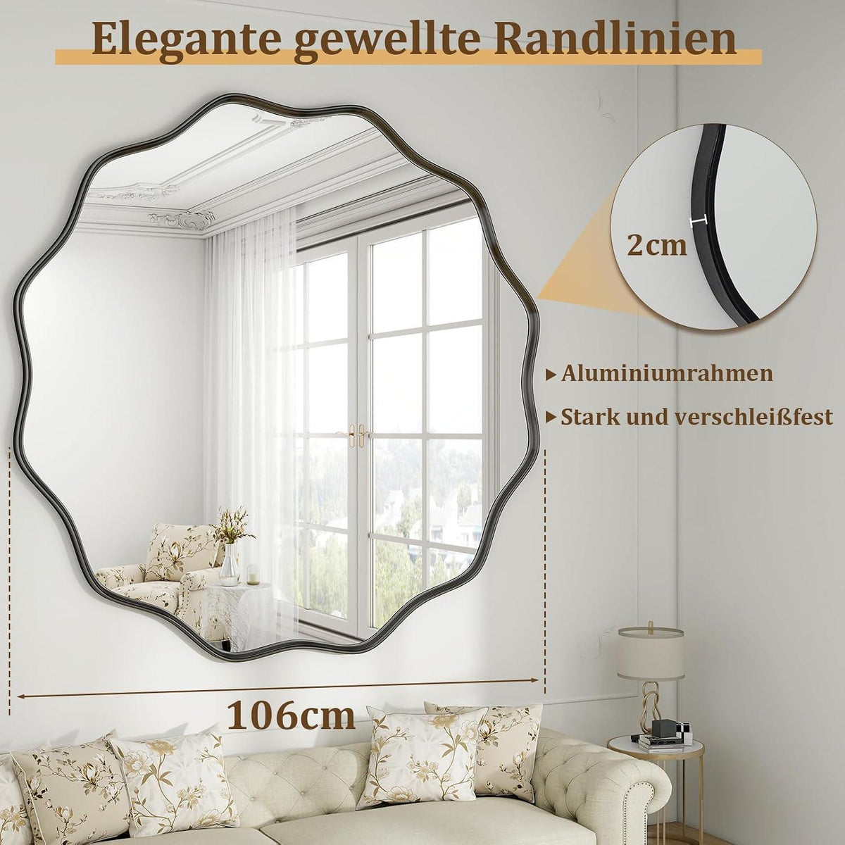 Runder Wandspiegel 106cm mit gewellter Kante & Schwarzrahmen