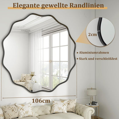 Runder Wandspiegel 106cm mit gewellter Kante & Schwarzrahmen