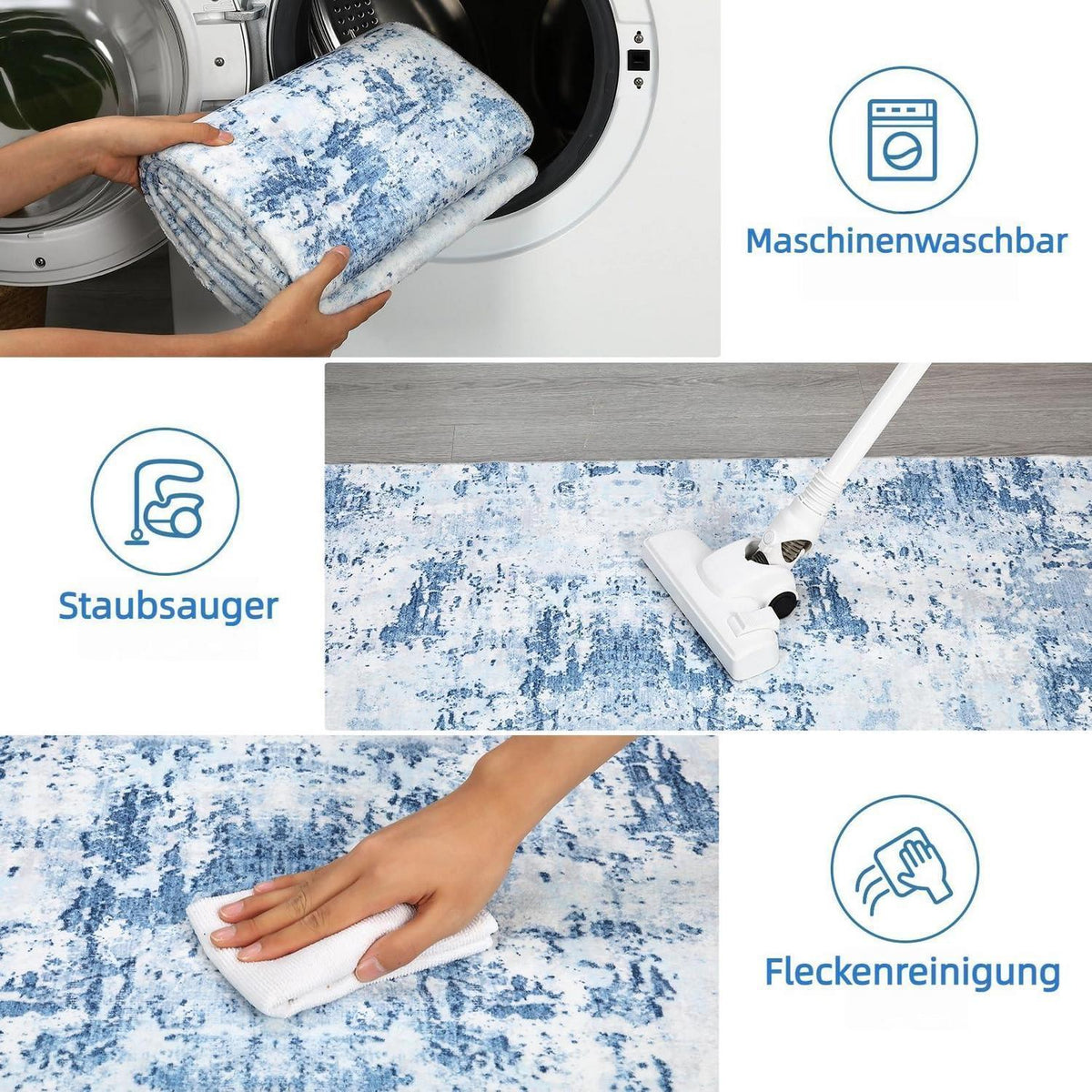 Abstrakter Teppich Wohnzimmer 200x290cm Hellblau | Kurzflor, Waschbar & Rutschfest