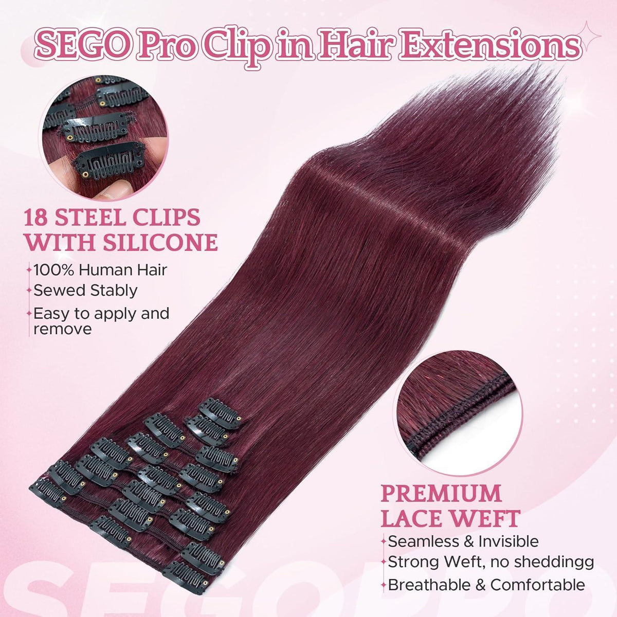 Remy Echthaar Clip-in Extensions 50cm Glatt 99J Bordeaux 8tlg