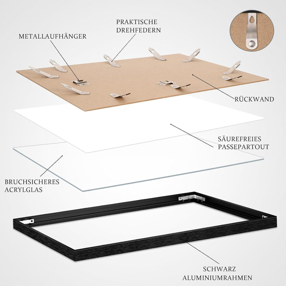 Moderner Aluminium Bilderrahmen A2 Schwarz mit Kunstglas
