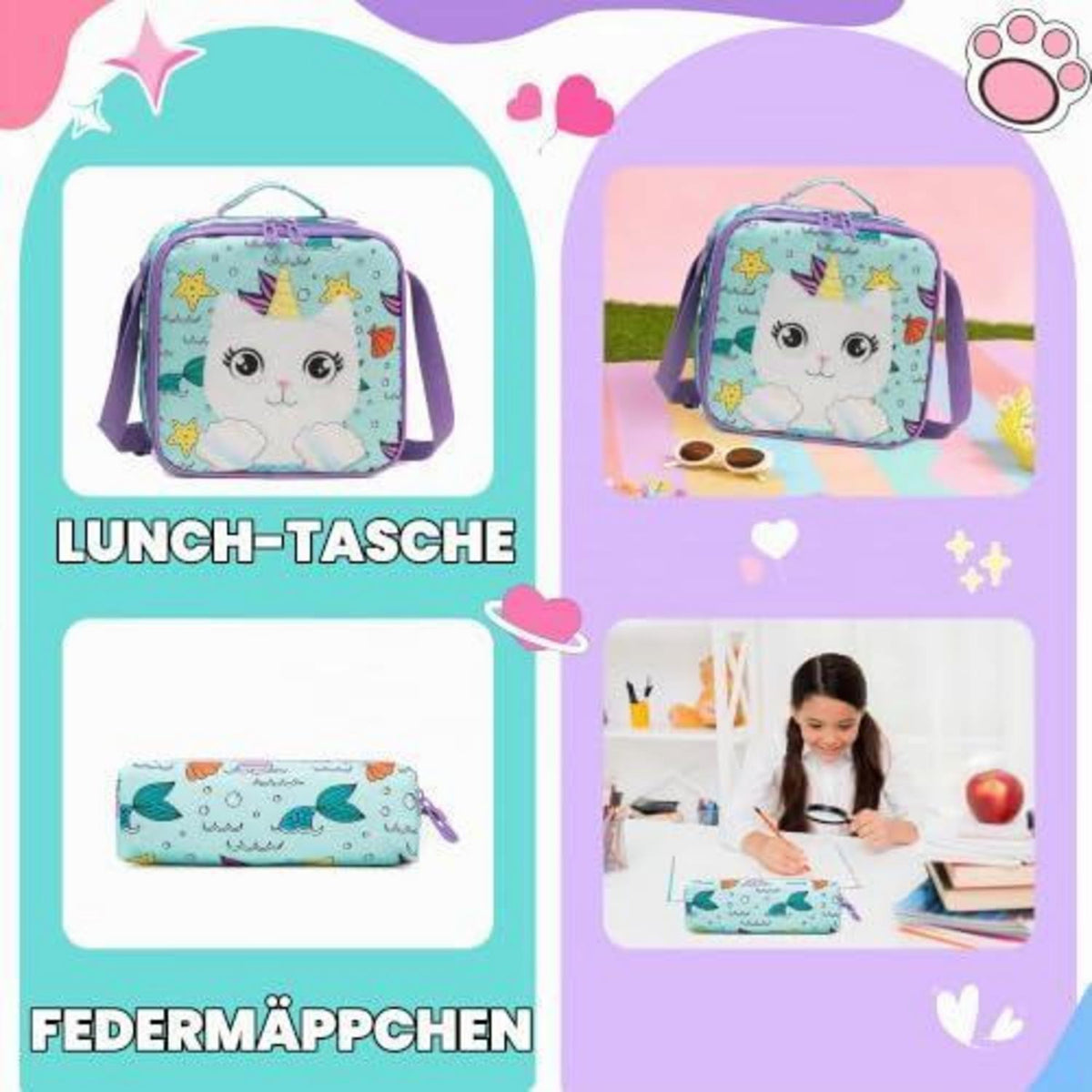 Schulranzen mit Rollen für Mädchen – 3-teiliges Set mit Snackbeutel